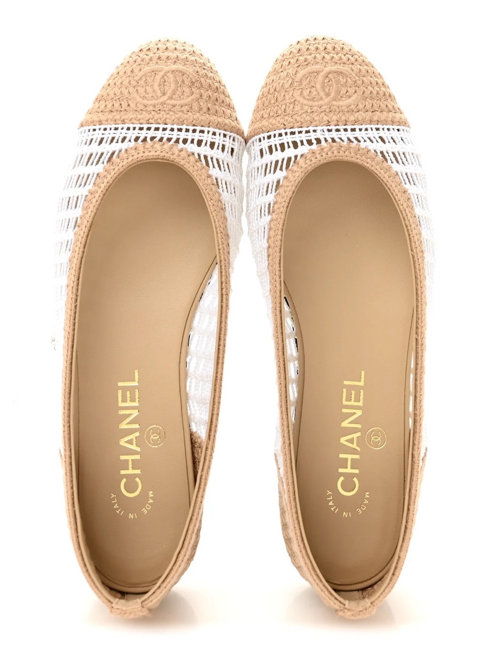 CHANEL Beige and White Raffia CC Cap-Toe Ballet Flats